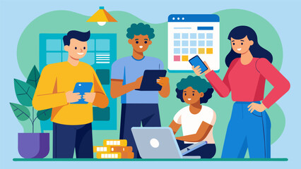 A group of roommates in their apartment using a budgeting app to split utilities and rent evenly and keep track of household expenses.