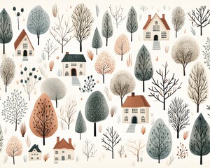 Nordic homes, forest intertwine, seamless print, flat style, white ground ,  cute hand drawn - obrazy, fototapety, plakaty