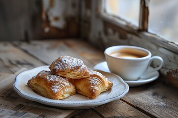 Aromatic Italian espresso beside a plate of freshly baked Sfogliatella, detailed pastry textures on a rustic table, warm morning light - obrazy, fototapety, plakaty