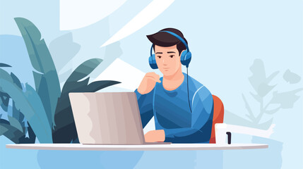 Male character in headset sitting at table with com - obrazy, fototapety, plakaty