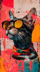 Artistic grunge portrait photomontage of a cat with cool vintage modern glasses
