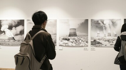 Photo expo of landscapes changed by nuclear tests, with engrossed visitors. International Day Against Nuclear Tests, August 29 - obrazy, fototapety, plakaty