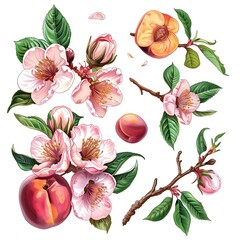 a captivating vector art piece on a white background depicting the life cycle of a peach, from delicate peach blossom flowers to ripe, juicy fruit, nature's bounty - obrazy, fototapety, plakaty