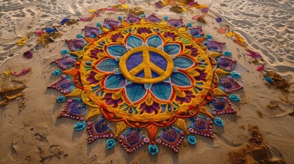 Intricate sand mandala with peace sign for Anti-Nuclear Test Day commemoration. International Day Against Nuclear Tests, August 29 - obrazy, fototapety, plakaty