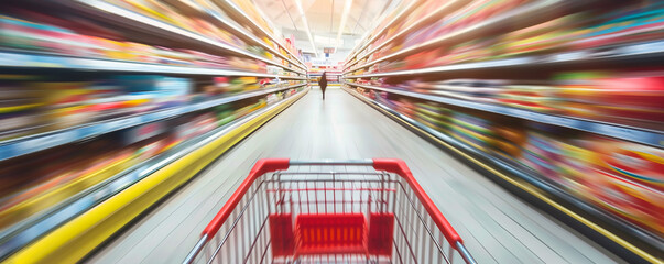 Shopping cart speeding through supermarket aisles