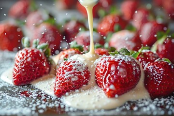 Closeup of Zabaglione being poured over fresh strawberries, dusted with powdered sugar, perfect for a dessert menu - obrazy, fototapety, plakaty