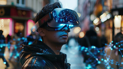 man wearing vr googles in street seeing virtual objects, augment reality concept, futuristic