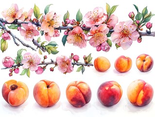 a captivating vector art piece on a white background depicting the life cycle of a peach, from delicate peach blossom flowers to ripe, juicy fruit, nature's bounty - obrazy, fototapety, plakaty