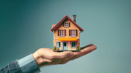 A person, embodying the role of a real estate agent, holds a miniature house in the palm of their hand, symbolizing the concepts of mortgage, rent, and sale in real estate