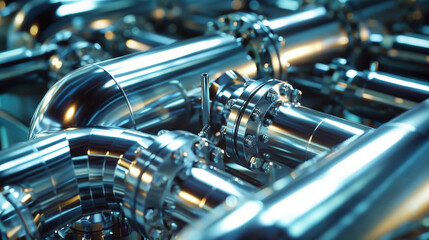 A close-up view of a cluster of metal pipes interconnected with valves in an intricate pipe system