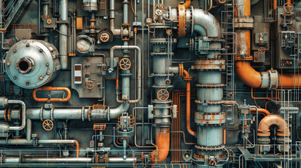 Intricate industrial pipeline system featuring various pipes and valves in a close-up view