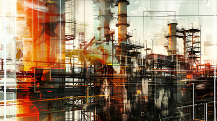 Industrial infrastructure merged with images of cultural diversity and human activity