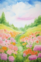 A watercolor painting of a meadow filled with colorful flowers and a stream running through it.