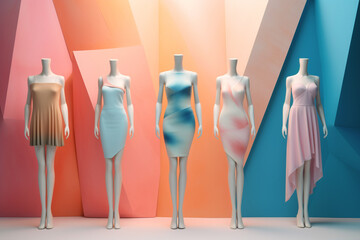A colorful display of mannequins with various dresses against an abstract geometric background
