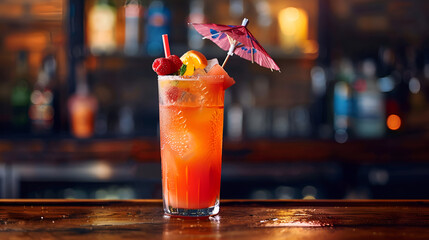 A refreshing cocktail served in a tall glass, garnished with fresh fruit and a decorative umbrella