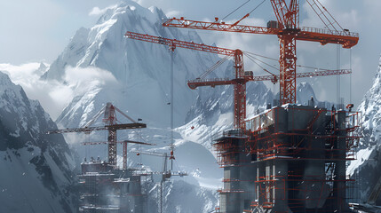 Cranes and construction sites blended with mountain landscapes