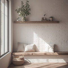 Fototapeta na wymiar Vintage-Inspired Interior Design with Sunlit Corner Seat and Shelving for Decorative Plants and Home Accessories