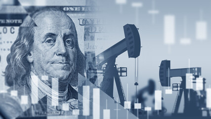 Oil industry. Petroleum pumps near Franklin portrait. Oil field with quotes. Fluctuations in prices...