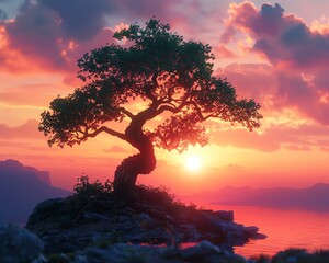 Capture the dramatic silhouette of a majestic tree against a vibrant sunset using CG 3D rendering to highlight intricate details and create a surreal, otherworldly atmosphere - obrazy, fototapety, plakaty