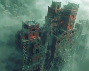 Capture a close-up shot of a dilapidated, towering structure, blending dystopian visions with fantasy worlds through intricate decay and mystical elements Experiment with unexpected camera angles to e - obrazy, fototapety, plakaty