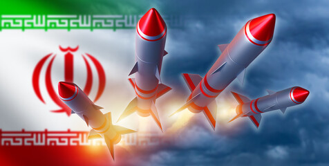 Air defense missiles in Iran. Warheads fly in cloudy sky. Political flag of Iran. Missiles to...
