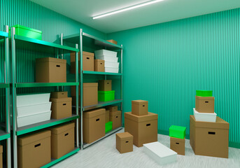 Warehouse with cardboard boxes. Storage with parcels on shelves and floor. Warehouse interior with...