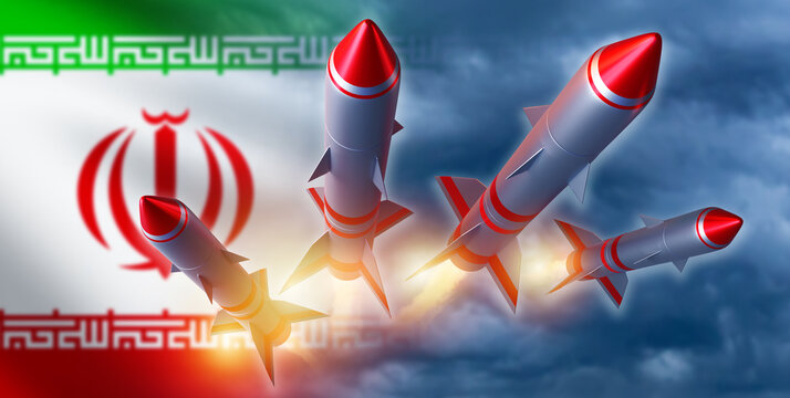 Air defense missiles in Iran. Warheads fly in cloudy sky. Political flag of Iran. Missiles to protect country airspace. Ballistic weapons made in Iran. Cruise missiles with nuclear warhead. 3d image