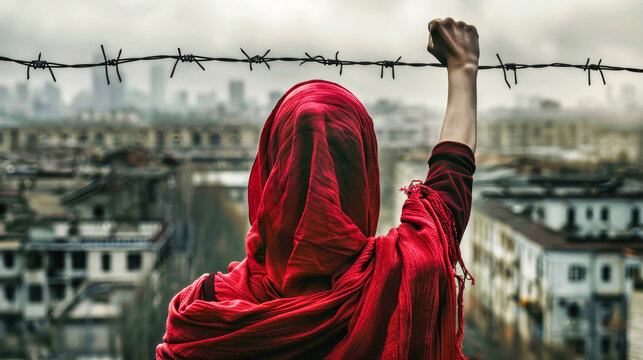 A woman in a vibrant red shawl stands with a raised fist behind a menacing barbed wire fence, symbolizing resistance and defiance