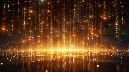   A dimly lit room adorned with numerous hanging lights and mirroring stars in a water-filled expanse above