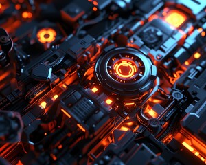 Explore the fusion of innovation and fear in a close-up view of Futuristic Technologies with a horror-themed twist Render the intricate mechanisms in CG 3D rendering, emphasizing shadow and ominous li