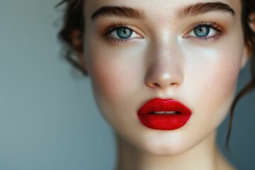 Glamorous young woman with bright red lipstick and stunning blue eyes looking into the camera