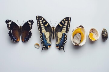Create an image that represents: butterfly evolution phases, egg, larva, pupa and adult.