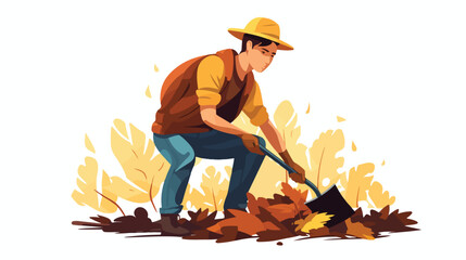 Fototapeta na wymiar Man cleaning fallen leaves flat vector illustration