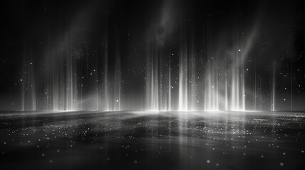   A monochrome image of lights in a dark space, stars adorning the floor and walls