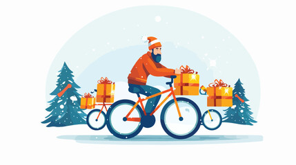 Naklejka premium Man cycling Christmas bicycle carrying gifts presen
