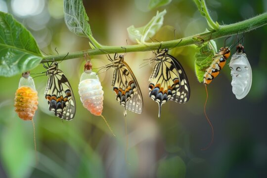 Create an image that represents: butterfly evolution phases, egg, larva, pupa and adult.