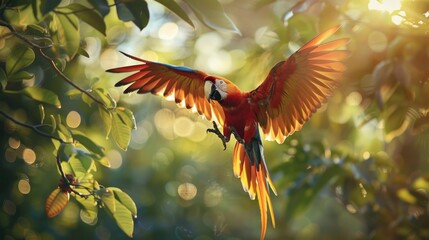 Image of a macaw parrot, spreading its wings to fly, beautiful and bright, morning light background through bokeh, lush green tree leaves.
