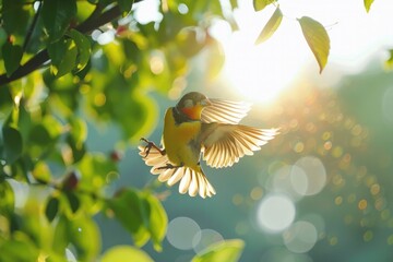 Image of a macaw parrot, spreading its wings to fly, beautiful and bright, morning light background through bokeh, lush green tree leaves.