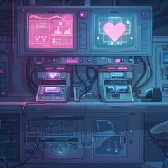 Illustrate a scene of a high-tech laboratory with advanced equipment and glowing screens in a vector art style Add a touch of romance with soft colors and delicate details