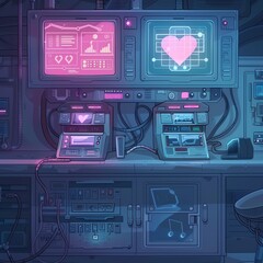 Fototapeta premium Illustrate a scene of a high-tech laboratory with advanced equipment and glowing screens in a vector art style Add a touch of romance with soft colors and delicate details