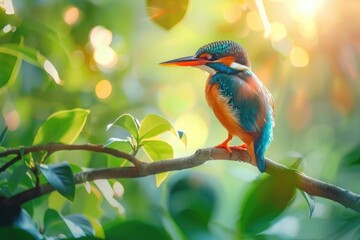 Fototapeta premium Picture of a brightly colored kingfisher bird. Morning light background through bokeh, green leaves of trees.