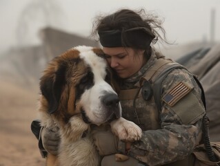 A woman is hugging a dog in a desert. The dog is a Saint Bernard. The woman is wearing a camouflage uniform - obrazy, fototapety, plakaty