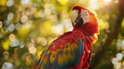 Picture of a brightly colored Scarlet Macaw bird. Morning light background through bokeh, green tree leaves.