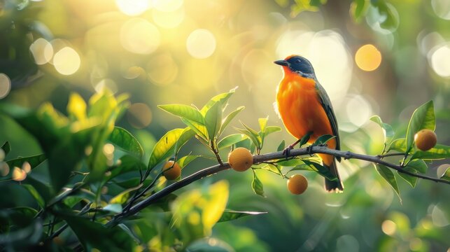 Picture of a mandarin bird with beautiful, bright colors Morning light background through bokeh, green leaves of trees.