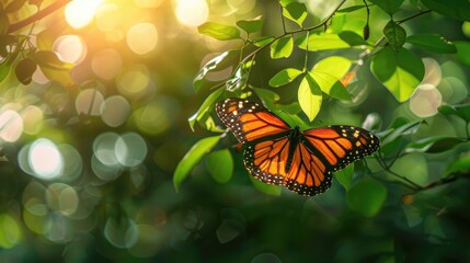 Fototapeta na wymiar Picture of an adult butterfly with beautiful, bright colors Morning light background through bokeh, green leaves of trees.