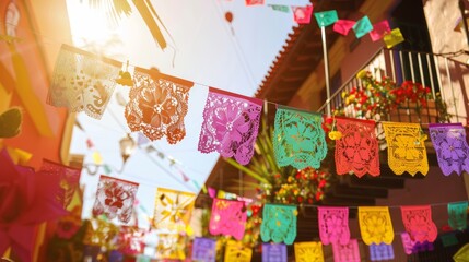 Colorful papel picado banners in sunlight Cinco De Mayo