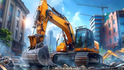 Clearing Debris at Construction Site: Yellow Excavator with Heavy-Duty Tools. Concept Construction Site, Debris Removal, Yellow Excavator, Heavy-Duty Tools