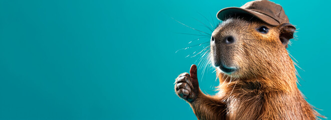 Portrait of a happy capybara in a cap holding a thumbs up as a sign of excellent work on an isolated blue banner background.