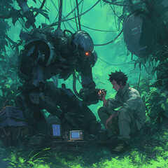 A young man's curious encounter with a towering robot amidst nature's ancient beauty.