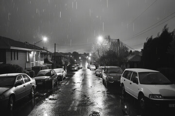 A black and white photo of a suburban street in  at night, with light from floodlights illuminating cars parked on both sides of an empty road. It is raining heavily - obrazy, fototapety, plakaty